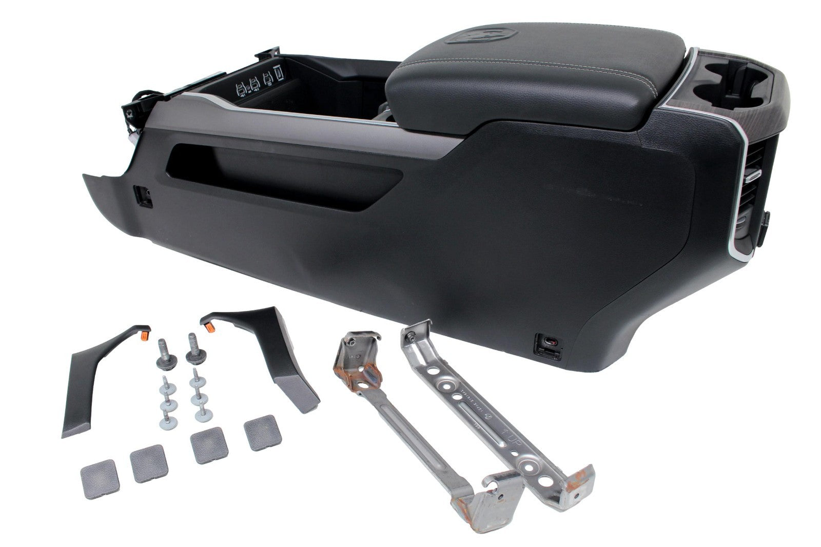 2019 - 2026 DT Ram 1500 Center Console, Black Leather w/ Logo, Wireless Charging