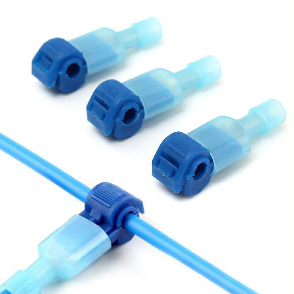 Blue T Tap wire connectors on a white background