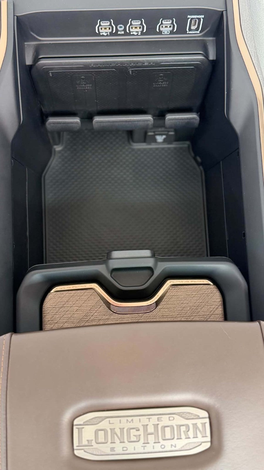 2019 - 2026 DT Ram 1500 Center Console, Brown Leather LONGHORN Wireless Charging