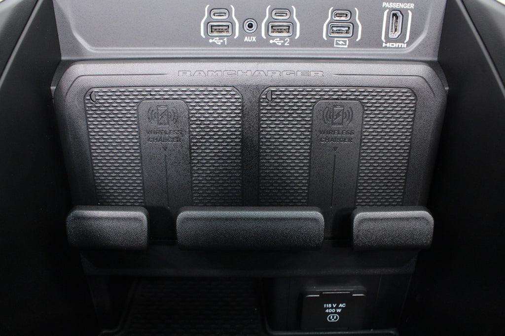 2019 - 2026 DT Ram 1500 Center Console, Black Leather w/ Logo, Wireless Charging