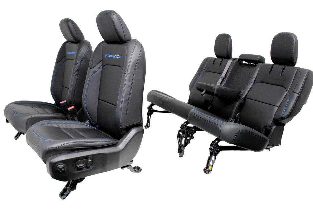 18-25 Jeep JL JLU Wrangler Seats, Black Nappa Leather w Rubicon Surf Blue Stitch